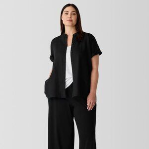 Organic Handkerchief Black Linen Band Collar Short-Sleeve Shirt SP